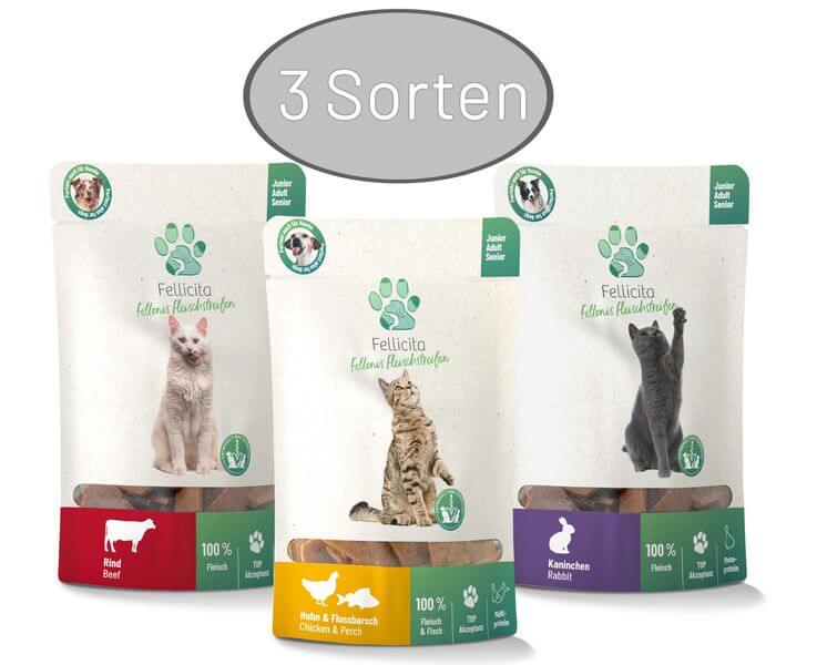 Fellicita Leckerli Mixpaket Fellonis Katzensnacks Fleischstreifen 3 x 50g ( - 5 % Rabatt) von Fellicita