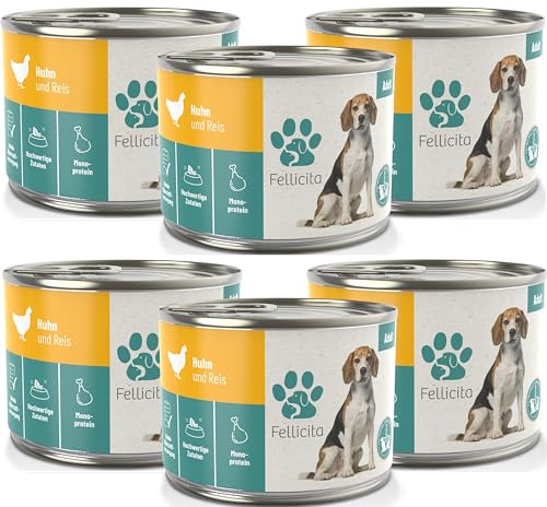 Fellicita Premium Nassfutter für Hunde - Huhn & Reis - 6er Pack - 6 x 200g - Monoprotein, hochwertiges Hundenassfutter, glutenfrei, leckere Pastete, Alleinfuttermittel von Fellicita