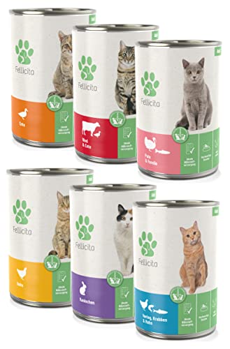 Fellicita Premium Nassfutter für Katzen, Mixpaket Nr. 4, gemischte Auswahl, 6er Pack, 6 x 400g, Mono- und Multiprotein, hochwertiges Futter, getreidefrei, leckere Pastete, Alleinfuttermittel von Fellicita