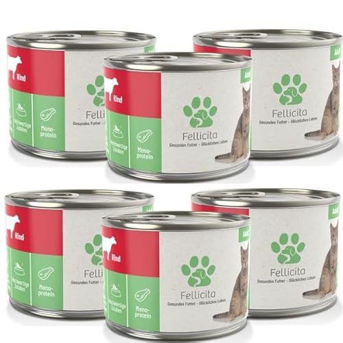 Fellicita Premium Nassfutter für Katzen, Rind pur, 6er Pack, 6 x 200g, Monoprotein, hochwertiges Katzennassfutter, getreidefrei, leckere Pastete, Alleinfuttermittel von Fellicita