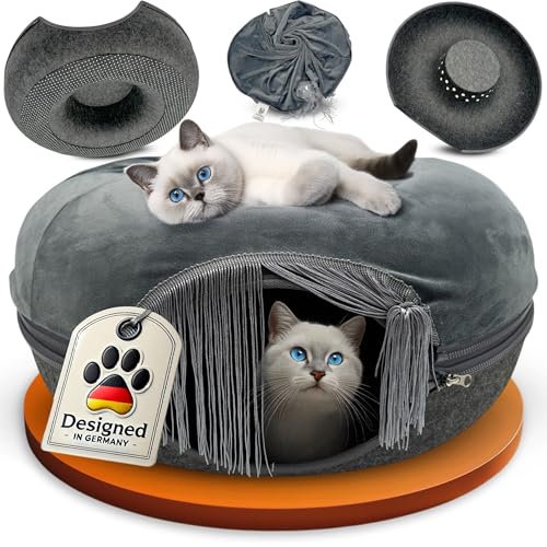 Fellisimo® Katzen Donut mit Flauschigen Kuschelbett | Anti-Slip Unterfläche | Atmungsaktiv | Katzentunnel aus Filz mit waschbaren Kissen Bezug | Katzenhöhle mit 2X Bällen von Fellisimo