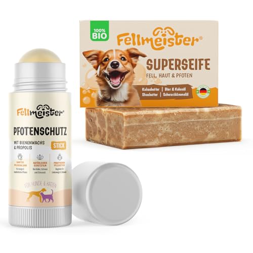 Fellmeister® Bio Hundeseife zur effektiven Haut- und Fellpflege - Hunde-Seife für 100% handgemacht für jeden Hundetyp - Hund Kernseife, Naturseife Fellseife + Pfotenbalsam (Bundle) von Fellmeister