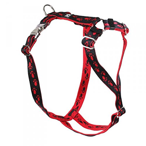 Feltmann Premium Hundegeschirr mit Alu-Max®-Metall-Steckschlössern, Soft-Nylonband schwarz, rote Pfötchen 50-65 cm, 20 mm von Feltmann