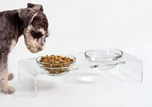 Erhöhter Futternapf aus Acryl für Hunde und Katzen, Doppelnapf, erhöhter Ständer, kommt mit 2 abnehmbaren Glasnäpfen und 2 Edelstahlnäpfen. Perfekt für Katzen, Welpen, kleine Hunde von Feoyoho