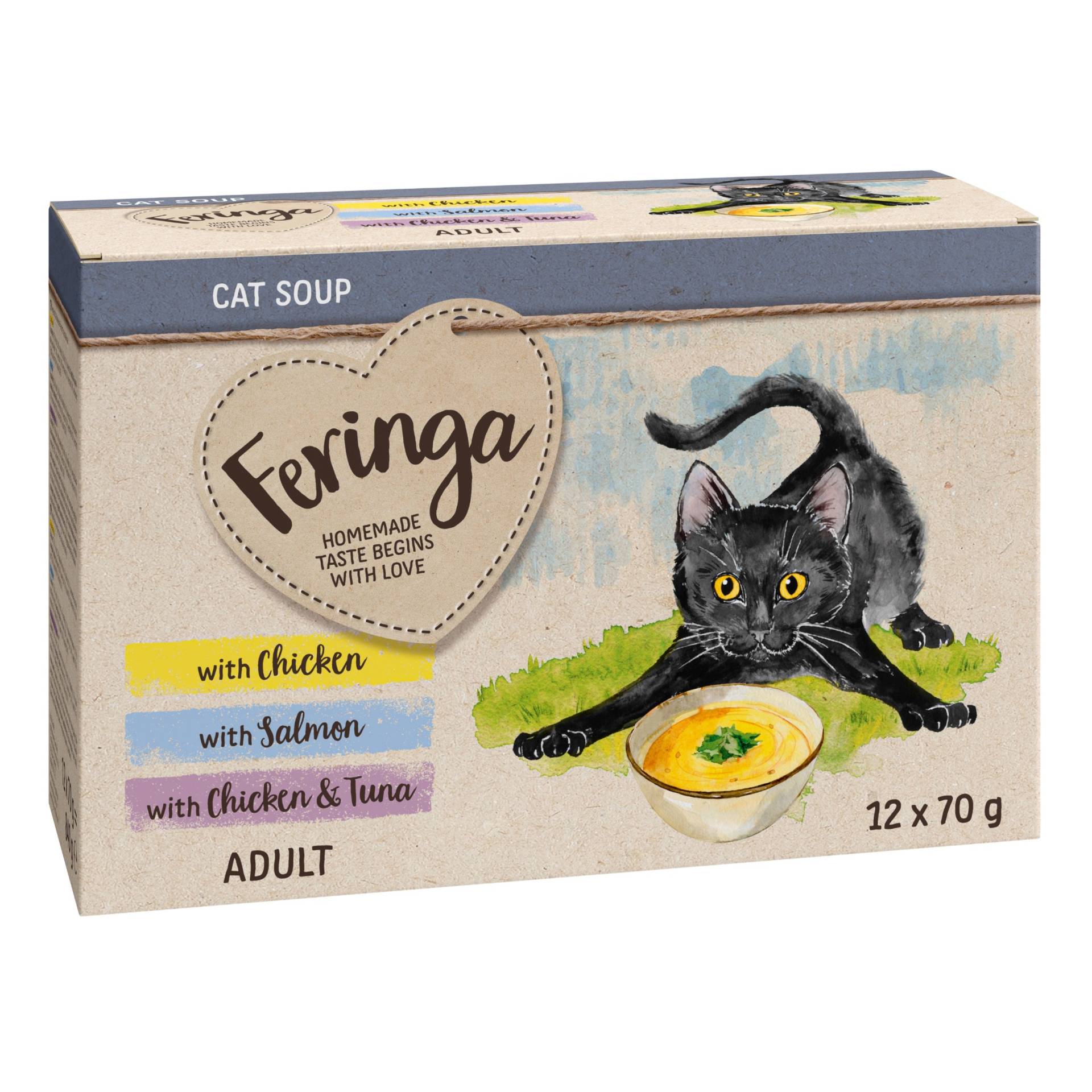 10 + 2 Gratis! Feringa Katzensuppe 12 x 70 g - Mixpaket (Huhn, Lachs, Huhn und Thunfisch) von Feringa