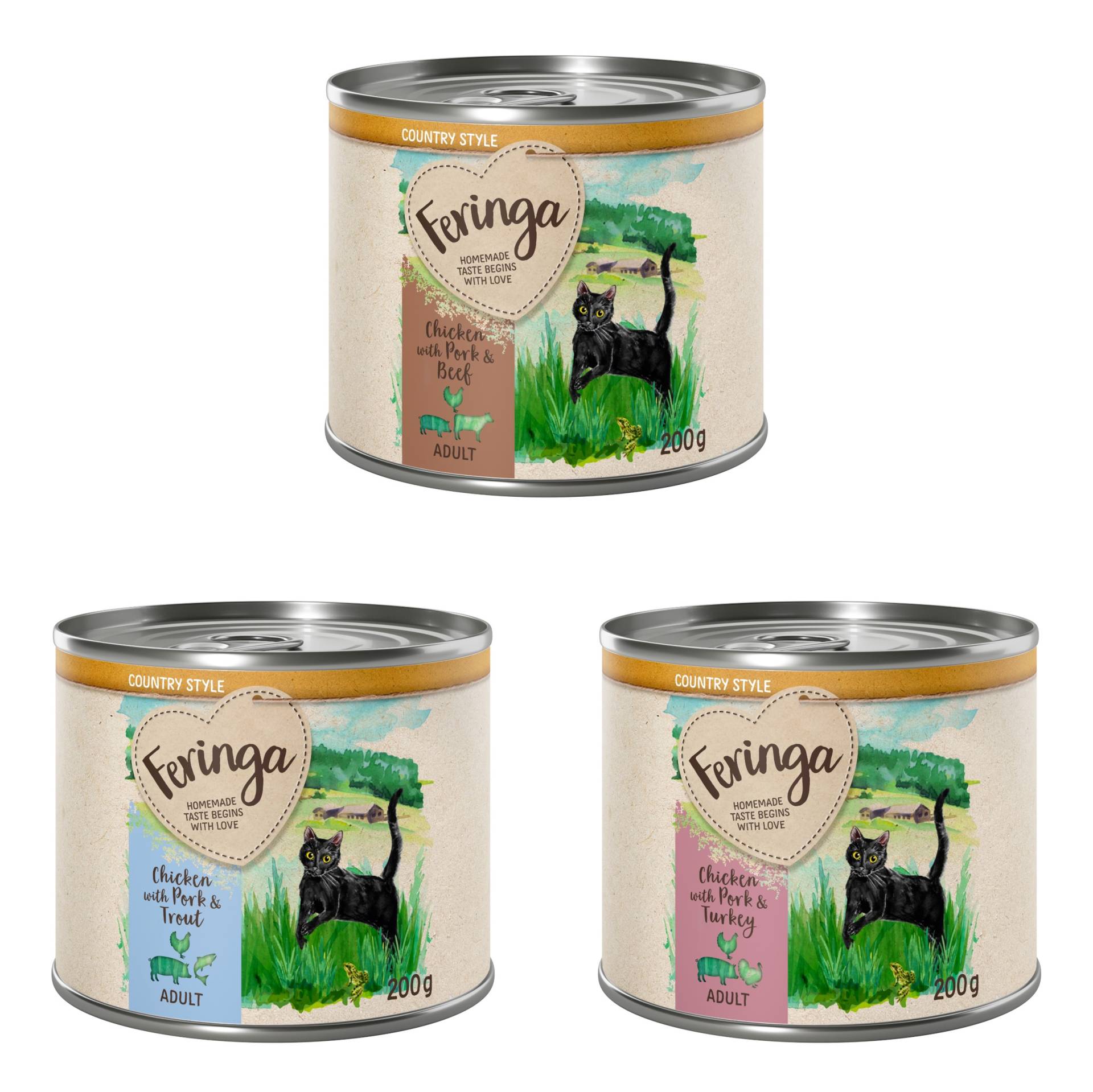 20 + 4 Feringa GRATIS Country Style Menü 24 x 200 g - Mixpaket 1: Truthahn, Rind, Forelle von Feringa