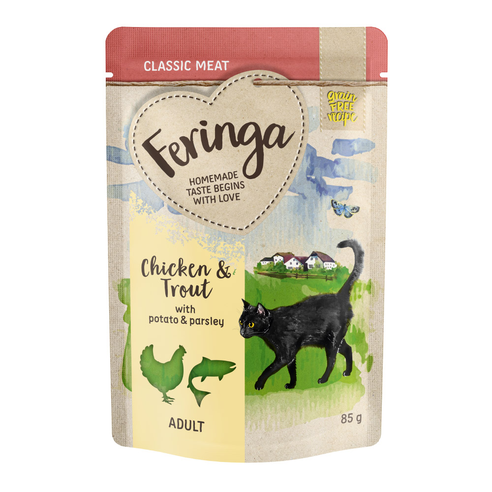 5€ Rabatt! Feringa Classic Meat Menü Pouch 24 x 85 g - Forelle & Huhn mit Kartoffel von Feringa