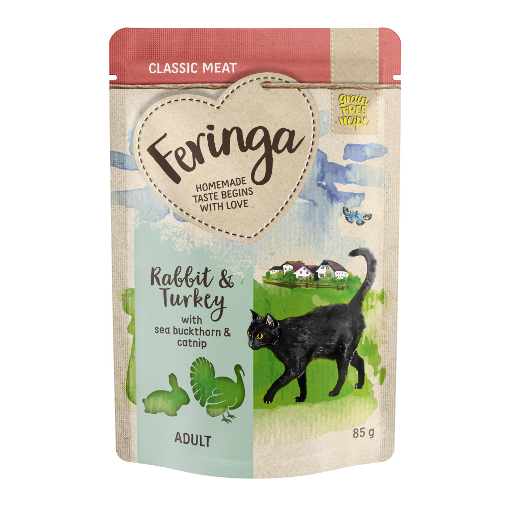 5€ Rabatt! Feringa Classic Meat Menü Pouch 24 x 85 g - Kaninchen & Truthahn mit Sanddorn von Feringa