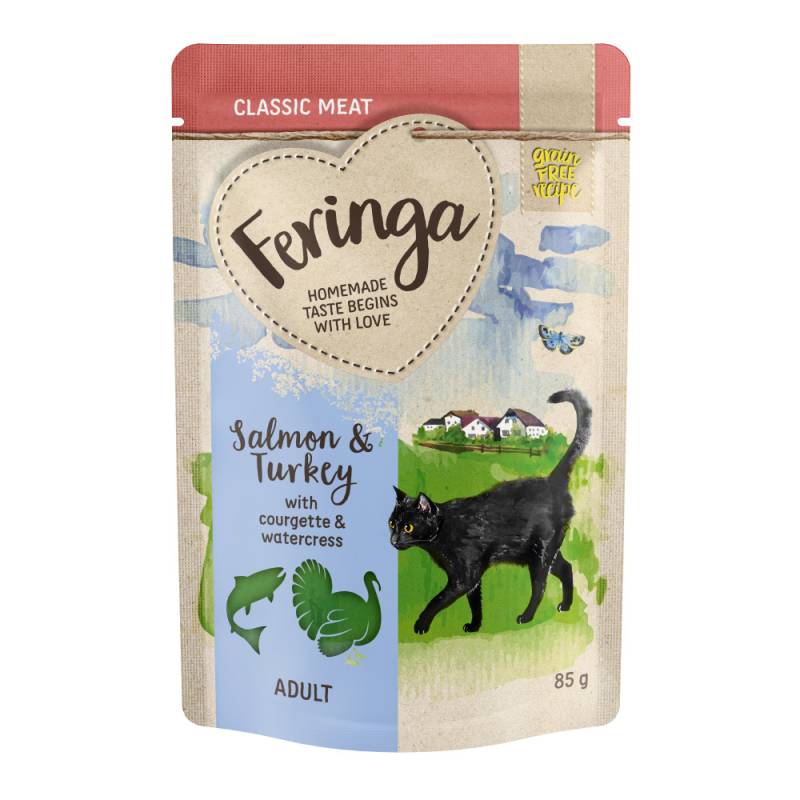 5€ Rabatt! Feringa Classic Meat Menü Pouch 24 x 85 g - Lachs & Pute mit Zucchini von Feringa