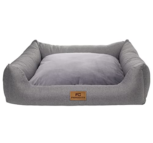 Ferocity Hundebett waschbares Hundesofa mit Rand und Wendekissen, Hundekissen aus Cordura und Samt, Grau und Flachs 100x80 [123] von Ferocity