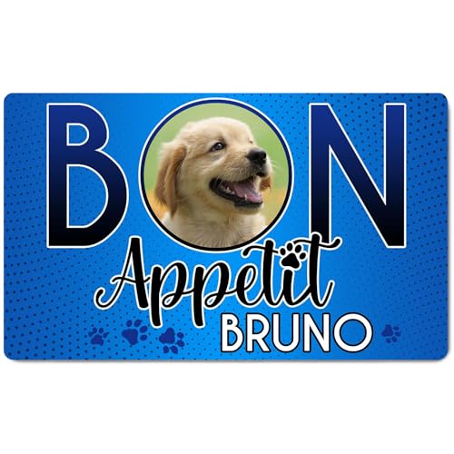 Ferocity Personalisierte Napfunterlage mit Foto und Namen | Fressnapf Matte für Hunde und Katzen | Größe 45 x 75 cm | 4 mm Gummierte Unterlage & Schuhmatte | Haustier Motiv | Farbe Bon Appetit [140] von Ferocity