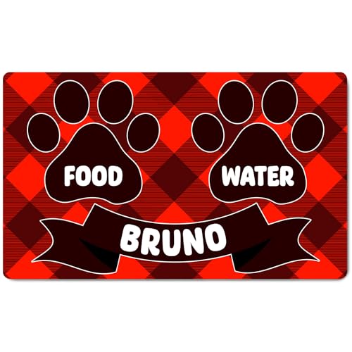 Ferocity Personalisierte Napfunterlage mit Namen | Fressnapf Matte für Hunde und Katzen | Größe 45 x 75 cm | 4 mm Gummierte Unterlage & Schuhmatte | Haustier Motiv | Farbe Check [140] von Ferocity