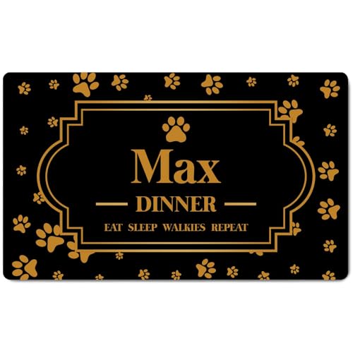 Ferocity Personalisierte Napfunterlage mit Namen | Fressnapf Matte für Hunde und Katzen | Größe 45 x 75 cm | 4 mm Gummierte Unterlage & Schuhmatte | Haustier Motiv | Farbe Golden Paws [140] von Ferocity