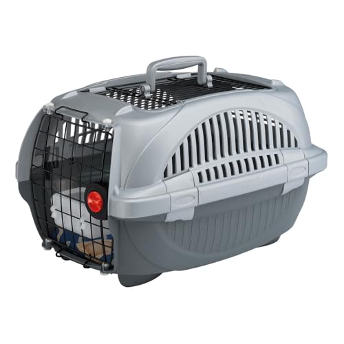 Ferplast Transportbox für Haustiere Hundebox für kleine Hunde und Katzen Atlas deluxe 20 Open, Transportbox für Haustiere, Vorder-Obentür, Kissen und Napf inklusive 38 x 58 x 33 cm, grau von Ferplast