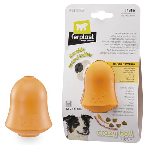 Ferplast Hunde Spielzeug, Futterspender, Trockenfutter oder Hundesnacks, Strapazierfähigem Naturkautschuk, Hühnchengeschmack, Springt, Werfen und Apportieren, CRAZY BELL Hundespielzeug, Orange von Ferplast