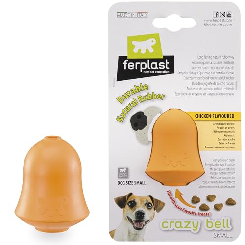 Ferplast Hunde Spielzeug, Futterspender, Trockenfutter oder Hundesnacks, Strapazierfähigem Naturkautschuk, Hühnchengeschmack, Springt, Werfen und Apportieren, Crazy Bell Hundespielzeug, Orange von Ferplast