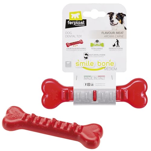 Ferplast Hunde Spielzeug, Knochen Futterspender, Trockenfutter Hund Leckerli, Strapazierfähigem Material, Fleischgeschmack, für die Zahnhygiene, SMILE Hundeknochen, Mittelgroßes Hundespielzeug, Rot von Ferplast