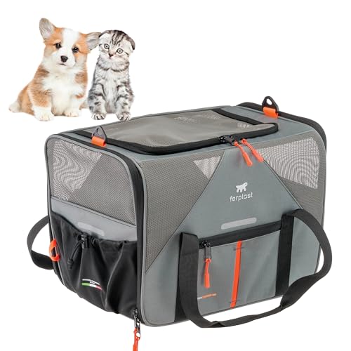 Ferplast Hundebox Voyager Carrier, Transportbox Katze, Hundetasche, verstellbare Griffe und Schultergurt, Sicherheitsgurt, beidseitige Öffnung, mit Kissen, max. 15 kg, 45 x 30 x h 33 cm, Grau von Ferplast