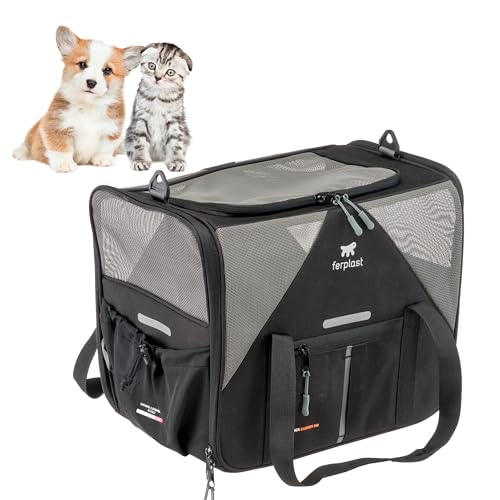 Ferplast Hundebox Voyager Carrier, Transportbox Katze, Hundetasche, verstellbare Griffe und Schultergurt, Sicherheitsgurt, beidseitige Öffnung, mit Kissen, max. 15 kg, 45 x 30 x h 33 cm, Schwarz von Ferplast