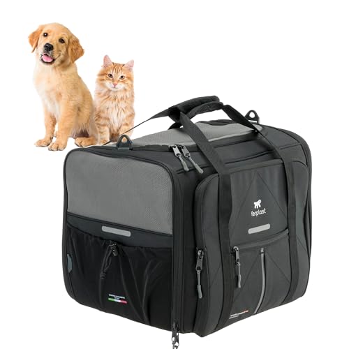 Ferplast Hundebox Voyager Carrier, Transportbox Katze, Hundetasche, verstellbare Griffe und Schultergurt, Sicherheitsgurt, beidseitige Öffnung, mit Kissen, max. 15 kg, 50 x 35 x 37 h cm, Schwarz von Ferplast