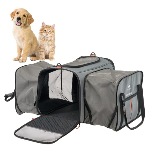 Ferplast Hundebox Voyager Carrier PRO, Transportbox Katze, Hundetasche, verstellbare Griffe und Schultergurt, Sicherheitsgurt, erweiterbar, mit Kissen, max. 15 kg, 49 x 37 x 39 h cm, Grau von Ferplast