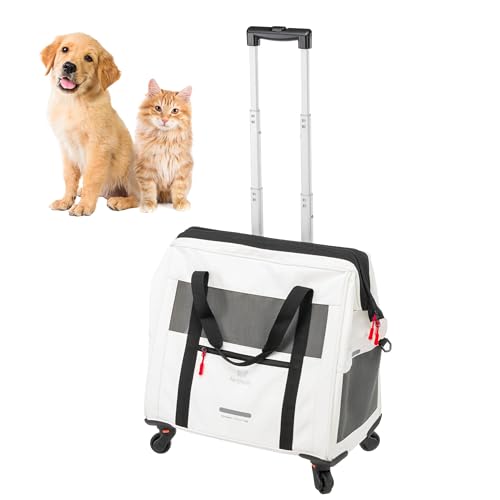 Ferplast Hundebox Voyager Trolley, Transportbox Katze, Hundetasche, ausziehbarer Griff, verstellbare Gurte, breite Öffnung, abnehmbare Räder, aus Öko-Leder, max. 15 kg, 46 x 26 x 48H cm, Weiß von Ferplast