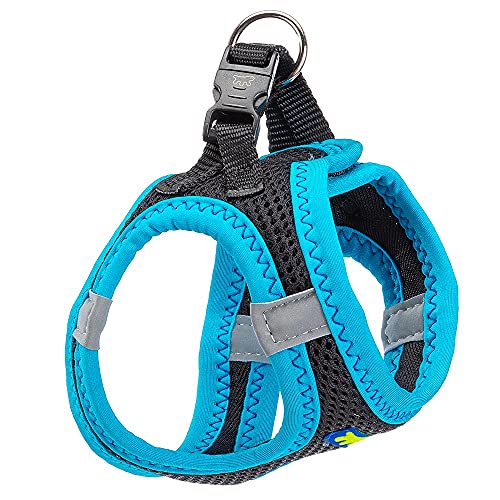 Ferplast Hundegeschirr Kleine Hunde Kaori XXXS, atmungsaktives, gepolstertes und verstellbares Katzengeschirr, leicht zu tragen, reflektierende Kanten, Brustumfang 24–28 cm. Blau von Ferplast