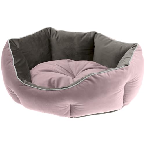 Ferplast Hundekörbchen Hundesofa Katzenbett QUEEN 60 mit Kissen, Kuschelbett für Haustiere, beidseitig nutzbar, weicher Samt, waschbar, 60 x 46 x H 20 cm, rosa von Ferplast