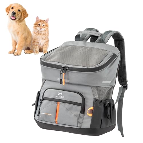 Ferplast Hunderucksack Voyager Backpack, Katzenrucksack, Hundetasche, Hundebox, Weite Öffnung, verstellbare Gurte, Sicherheitsgurt, mit Kissen, max. 10 kg, 29 x 21 x 36 H, Grau von Ferplast