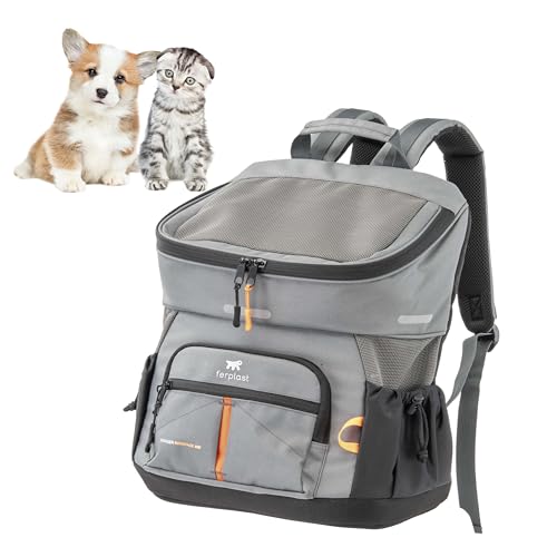 Ferplast Hunderucksack Voyager Backpack, Katzenrucksack, Hundetasche, Hundebox, Weite Öffnung, verstellbare Gurte, Sicherheitsgurt, mit Kissen, max. 10 kg, 29 x 21 x 36 H, Grau von Ferplast