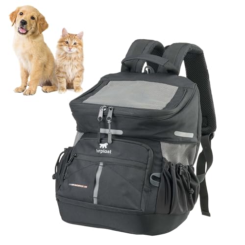 Ferplast Hunderucksack Voyager Backpack, Katzenrucksack, Hundetasche, Hundebox, Weite Öffnung, verstellbare Gurte, Sicherheitsgurt, mit Kissen, max. 10 kg, 29 x 21 x 36 H, Schwarz von Ferplast