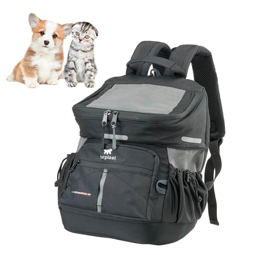 Ferplast Hunderucksack Voyager Backpack, Katzenrucksack, Hundetasche, Hundebox, Weite Öffnung, verstellbare Gurte, Sicherheitsgurt, mit Kissen, max. 10 kg, 29 x 21 x 36 H, Schwarz von Ferplast