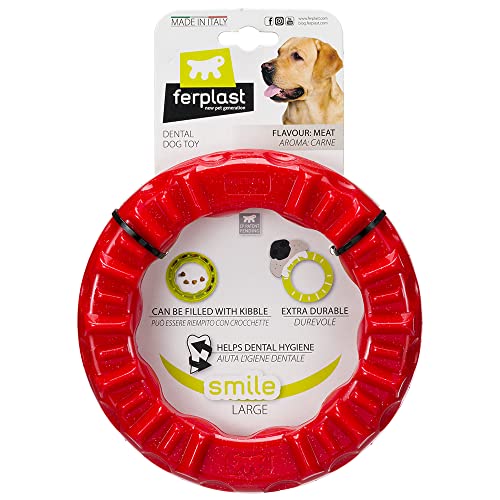 Ferplast Hunde Spielzeug, Futterspender, Trockenfutter oder Leckerli, Ring aus Strapazierfähigem Material, Fleischgeschmack, für die Zahnhygiene, Smile Fitnessring, Hundespielzeug große Hunde, Rot von Ferplast