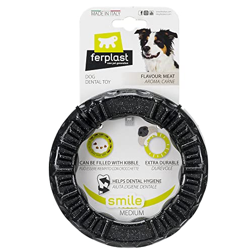 Ferplast Hunde Spielzeug, Futterspender, Trockenfutter oder Leckerli, Ring aus Strapazierfähigem Material, Fleischgeschmack, für die Zahnhygiene, SMILE Fitnessring, Hundespielzeug, Schwarz von Ferplast