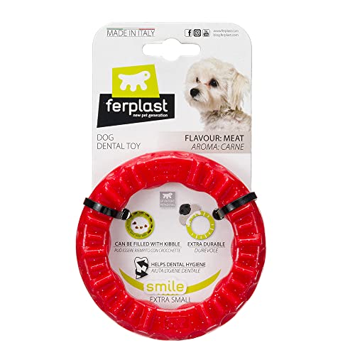 Ferplast Hunde Spielzeug, Futterspender, Trockenfutter oder Leckerli, Ring aus Strapazierfähigem Material, Fleischgeschmack, für die Zahnhygiene, SMILE Fitnessring, Hundespielzeug Kleine Hunde, Rot von Ferplast