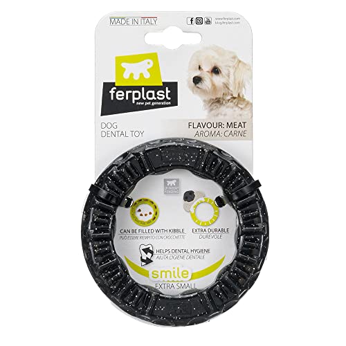 Ferplast Hunde Spielzeug, Futterspender, Trockenfutter oder Leckerli, Ring aus Strapazierfähigem Material, Fleischgeschmack, für die Zahnhygiene, Smile Fitnessring, Hundespielzeug, Schwarz von Ferplast