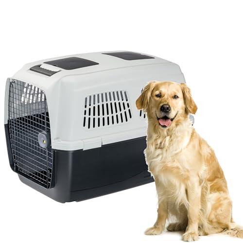 Ferplast Hundetransportbox Clipper Plus, IATA- Hundetransportbox, große Hundetransportbox max 45 kg, sicherer Verschluss, mit Doppelfach für Zubehör, Abnehmbarer Griff, 93 x 65 x h 68 cm von Ferplast