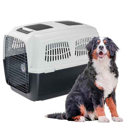 Ferplast Hundetransportbox Clipper Plus, IATA- Hundetransportbox, große Hundetransportbox max 60 kg, sicherer Verschluss, mit Doppelfach für Zubehör, Abnehmbarer Griff, 105 x 75 x h 79 cm von Ferplast