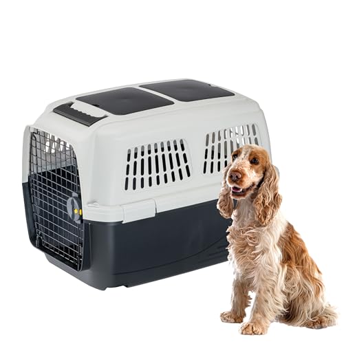 Ferplast Hundetransportbox Clipper Plus, IATA- Hundetransportbox, mittlere Hundetransportbox max 20 kg, Sicherer Verschluss, mit Doppelfach für Zubehör, Abnehmbarer Griff, 71 x 50 x h 51 cm von Ferplast