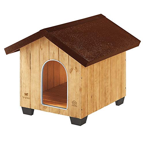 Ferplast Hundehütte mittelgroße Hunde DOMUS MEDIUM aus FSC-Holz, Hundehaus Outdoor Wetterfest, Isolierende Kunststofffüße, Tür mit Bissschutzkante aus Aluminium, 70 x 82 x h 67 cm. von Ferplast