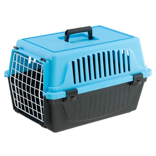 Ferplast Transportbox Katze, Hundetransportbox kleine Hunde und Katzen bis 5 kg, Tür aus plastifiziertem Eisen, Lüftungsschlitze, 32,5x48xH 29 cm, Hartschalen Transportbehälter Atlas 10 EL, Hellblau von Ferplast