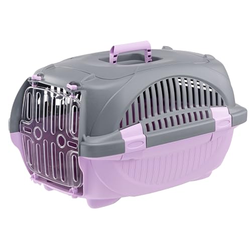 Ferplast Transportbox Katze Rider, Hundetransportbox kleine Hunde und Katzen bis 7 kg, stoßfeste transparente Tür, Lüftungsschlitze, Hartschalen Transportbehälter, 34 x 50,7 x h 30 cm, Rose von Ferplast