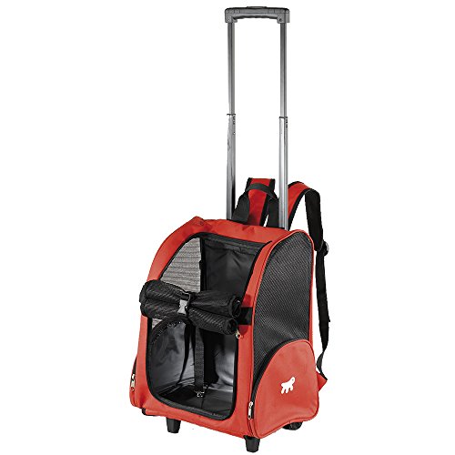 Ferplast Transportbox für Kleine Hunde und Katzen Trolley mit Rollen, Rucksack für Kleine Hunde Katzen, Teleskopgriff, Taschen für Zubehör, Rot von Ferplast