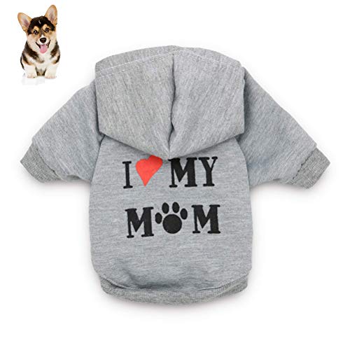 Haustier Hunde Sweatshirt mit Kapuze – Hundekleidung „I Love My Mom“, bedruckter Kapuzenpullover, Welpen-Sweatshirt, warme Welpenkleidung, Kapuzenpullover (gery) von Feuerblitz