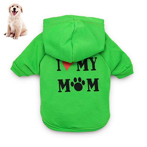 Haustier Hunde Sweatshirt mit Kapuze – Hundekleidung „I Love My Mom“, bedruckter Kapuzenpullover, Welpen-Sweatshirt, warme Welpenkleidung, Kapuzenpullover (green) von Feuerblitz