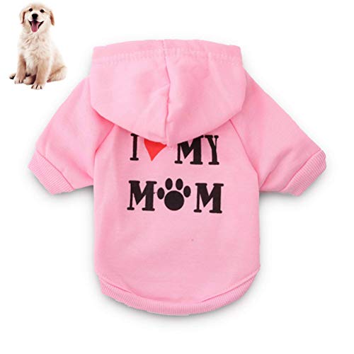 Haustier Hunde Sweatshirt mit Kapuze – Hundekleidung „I Love My Mom“, bedruckter Kapuzenpullover, Welpen-Sweatshirt, warme Welpenkleidung, Kapuzenpullover (pink) von Feuerblitz