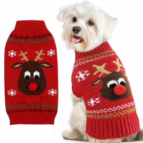 Hundepullover Weihnachten Haustier Katze Hunde Pullover Gestrickter Hundepulli Weihnachten Hund Weihnachtsoutfit Hunde Pullover Kostüme Weihnachten für kleine mittelgroße Hunde Großer Hund Rot XXS von Feuvois