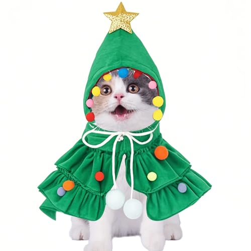 Katzen Weihnachtskostüm Grün Haustier Weihnachtsumhang Katzen Weihnachtsumhang Kostüm Katzen Weihnachtsumhang mit Hut Katze Elf Kostüme Katze Weihnachten Umhang Kleidung für Kleine Hunde Katzen (L) von Feuvois