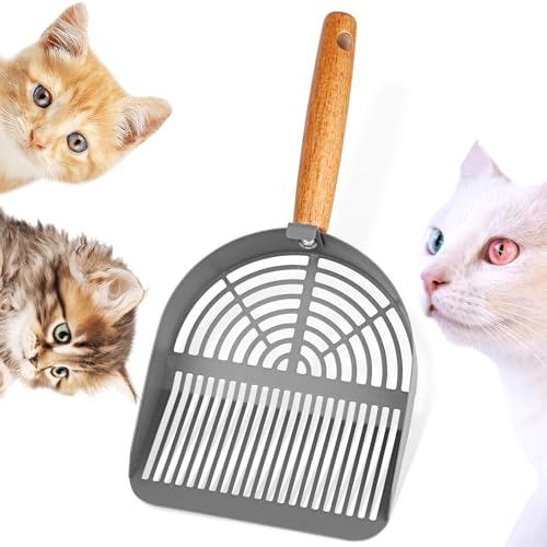 Fhintory Katzenschaufel Edelstahl, Katzenklo Schaufel Metall, Katzenstreuschaufel, Schaufel für Katzentoilette, Verschiedene Lochabstände, Katzenschaufel mit Holzgriff, Litter Box Scoop(Grau) von Fhintory