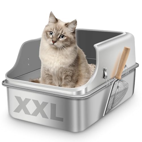 Katzenklo Edelstahl XXL, Stainless Steel Litter Box, Katzentoilette offene mit Metall Schaufel, Cat Litter Box hohem Rand, Katzentoilette Edelstahl, Katzenklo groß leicht zu reinigen(60x40x35cm) von Fhintory